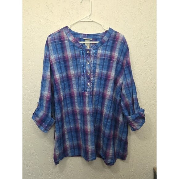 Catherines Women's Button Down Sequins Size 4X Plaid Long Sleeves Round Neck - Picture 1 of 5